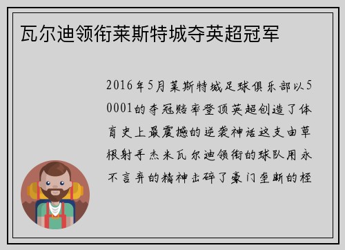 瓦尔迪领衔莱斯特城夺英超冠军